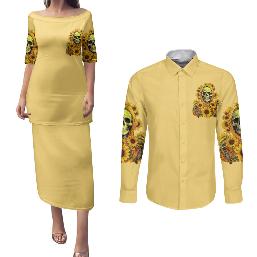 Sunflower Skull Couples Matching Puletasi Dress and Long Sleeve Button Shirts I'm Blunt Because God Rolled Me That Way - Wonder Print Shop