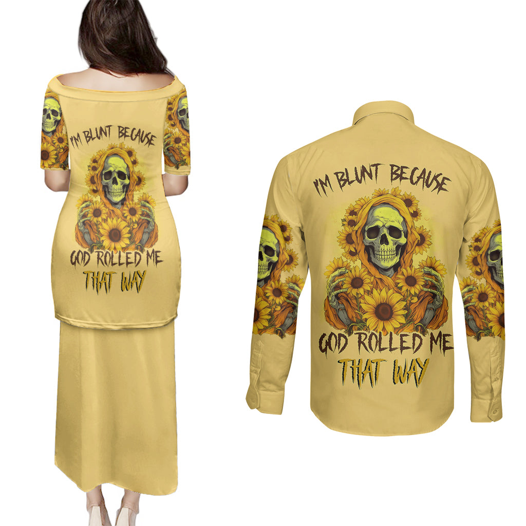 Sunflower Skull Couples Matching Puletasi Dress and Long Sleeve Button Shirts I'm Blunt Because God Rolled Me That Way - Wonder Print Shop