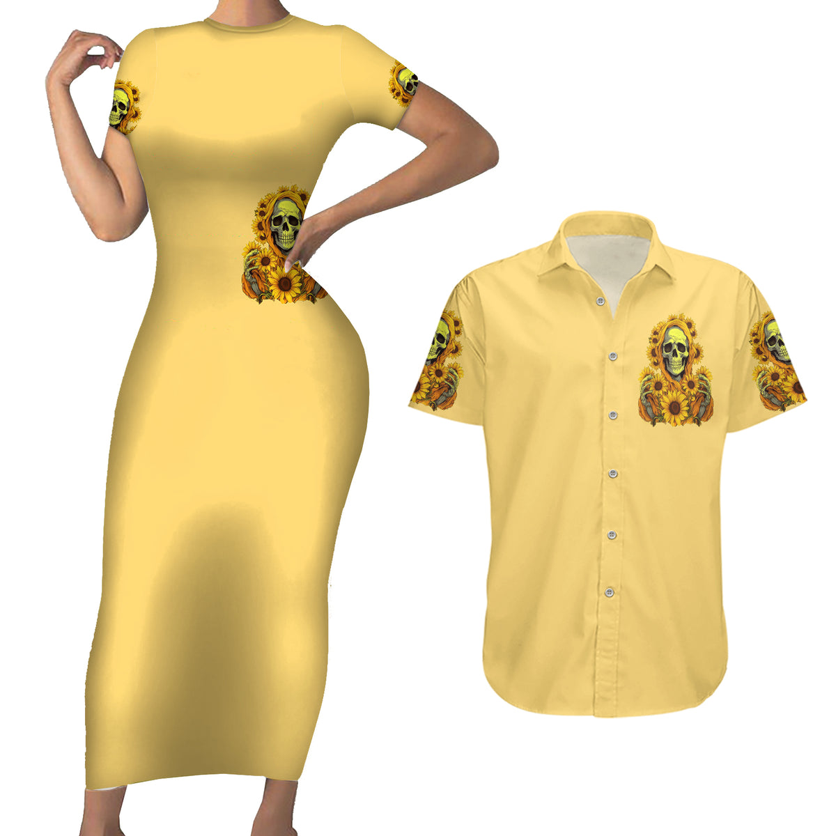 Sunflower Skull Couples Matching Short Sleeve Bodycon Dress and Hawaiian Shirt I'm Blunt Because God Rolled Me That Way - Wonder Print Shop