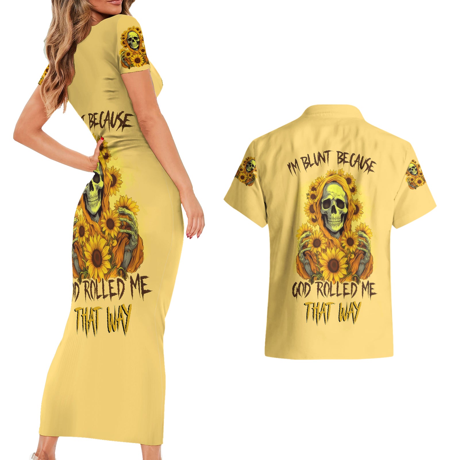 Sunflower Skull Couples Matching Short Sleeve Bodycon Dress and Hawaiian Shirt I'm Blunt Because God Rolled Me That Way - Wonder Print Shop