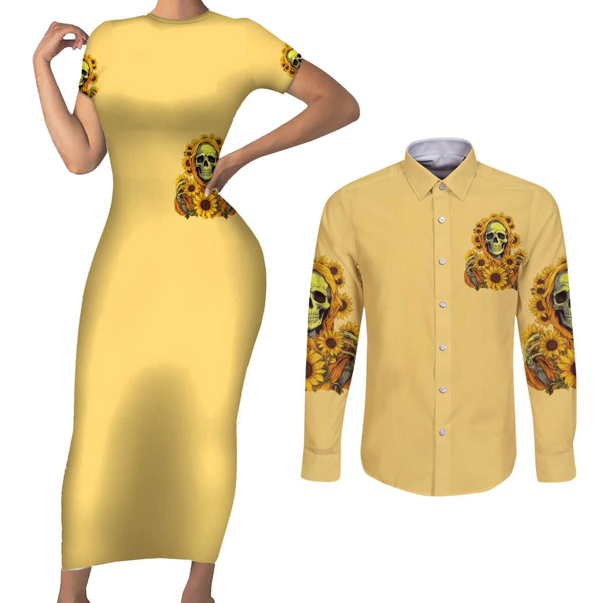 Sunflower Skull Couples Matching Short Sleeve Bodycon Dress and Long Sleeve Button Shirts I'm Blunt Because God Rolled Me That Way - Wonder Print Shop