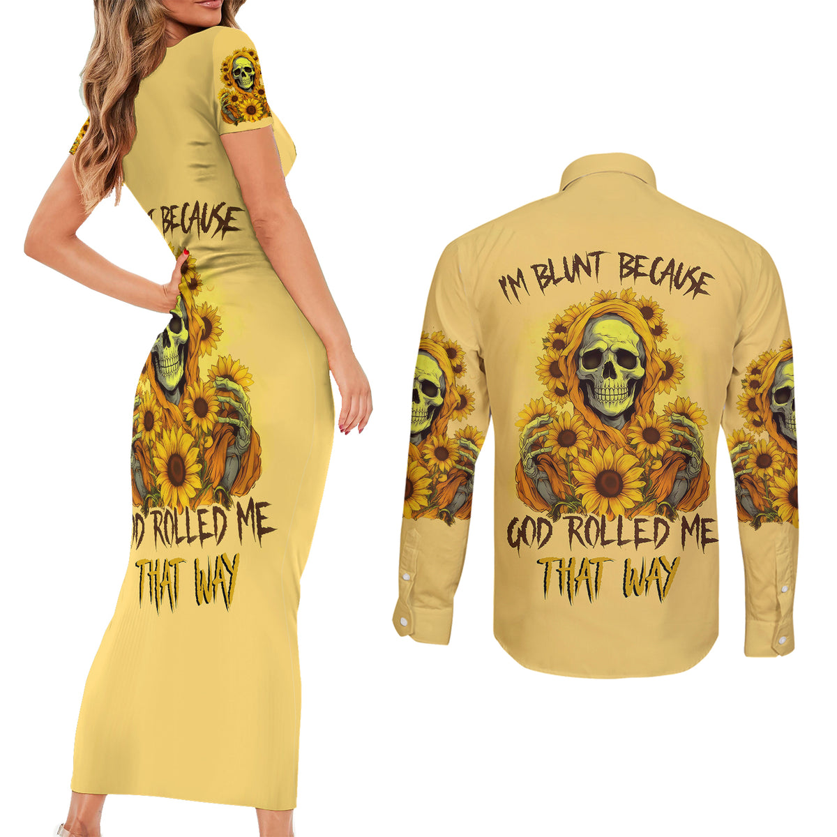 Sunflower Skull Couples Matching Short Sleeve Bodycon Dress and Long Sleeve Button Shirts I'm Blunt Because God Rolled Me That Way - Wonder Print Shop
