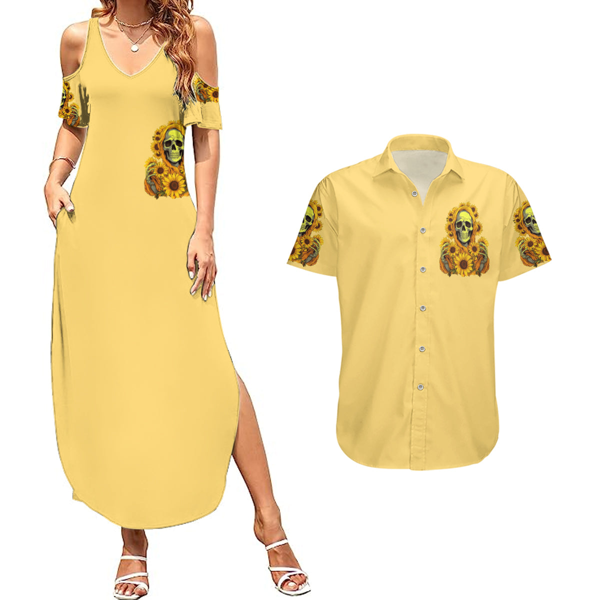 Sunflower Skull Couples Matching Summer Maxi Dress and Hawaiian Shirt I'm Blunt Because God Rolled Me That Way - Wonder Print Shop