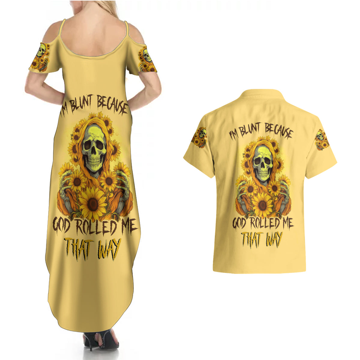 Sunflower Skull Couples Matching Summer Maxi Dress and Hawaiian Shirt I'm Blunt Because God Rolled Me That Way - Wonder Print Shop
