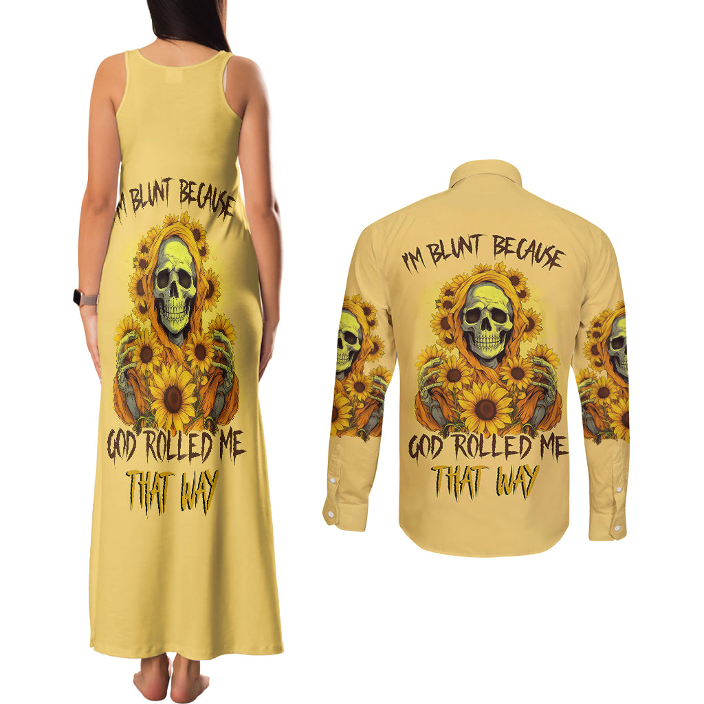 Sunflower Skull Couples Matching Tank Maxi Dress and Long Sleeve Button Shirts I'm Blunt Because God Rolled Me That Way - Wonder Print Shop