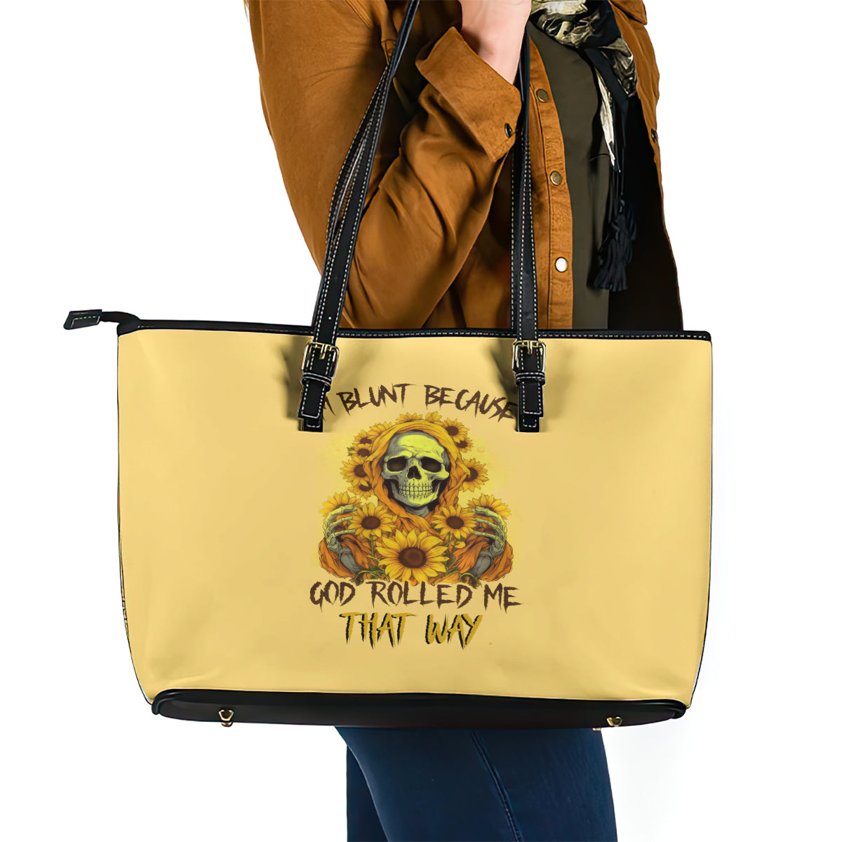 Sunflower Skull Leather Tote Bag I'm Blunt Because God Rolled Me That Way - Wonder Print Shop