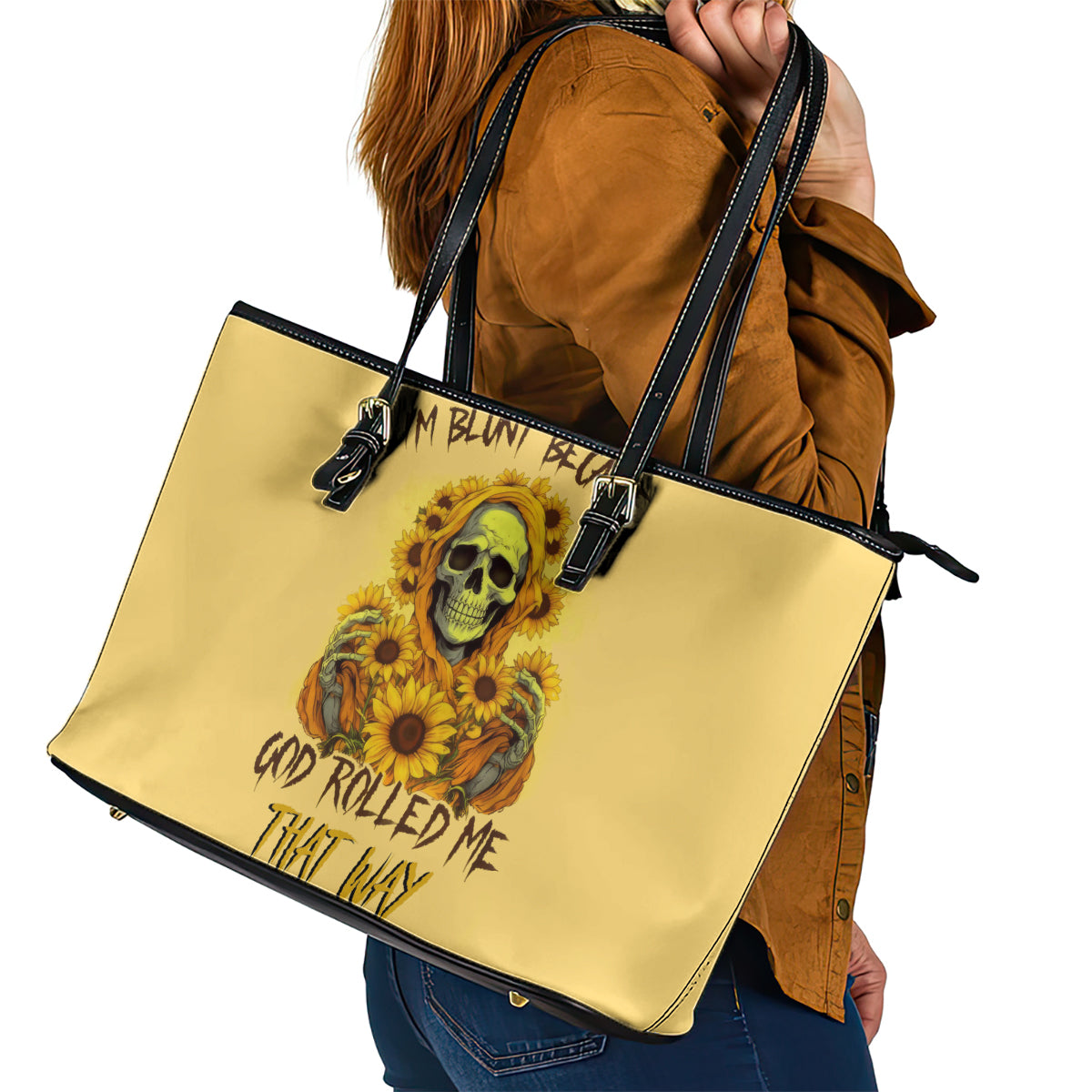 Sunflower Skull Leather Tote Bag I'm Blunt Because God Rolled Me That Way - Wonder Print Shop