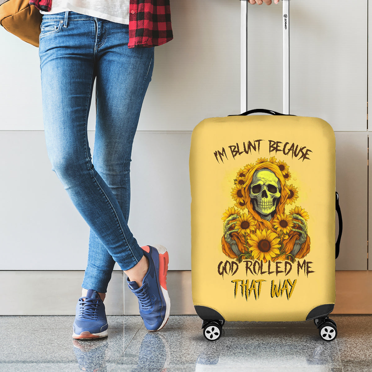Sunflower Skull Luggage Cover I'm Blunt Because God Rolled Me That Way - Wonder Print Shop