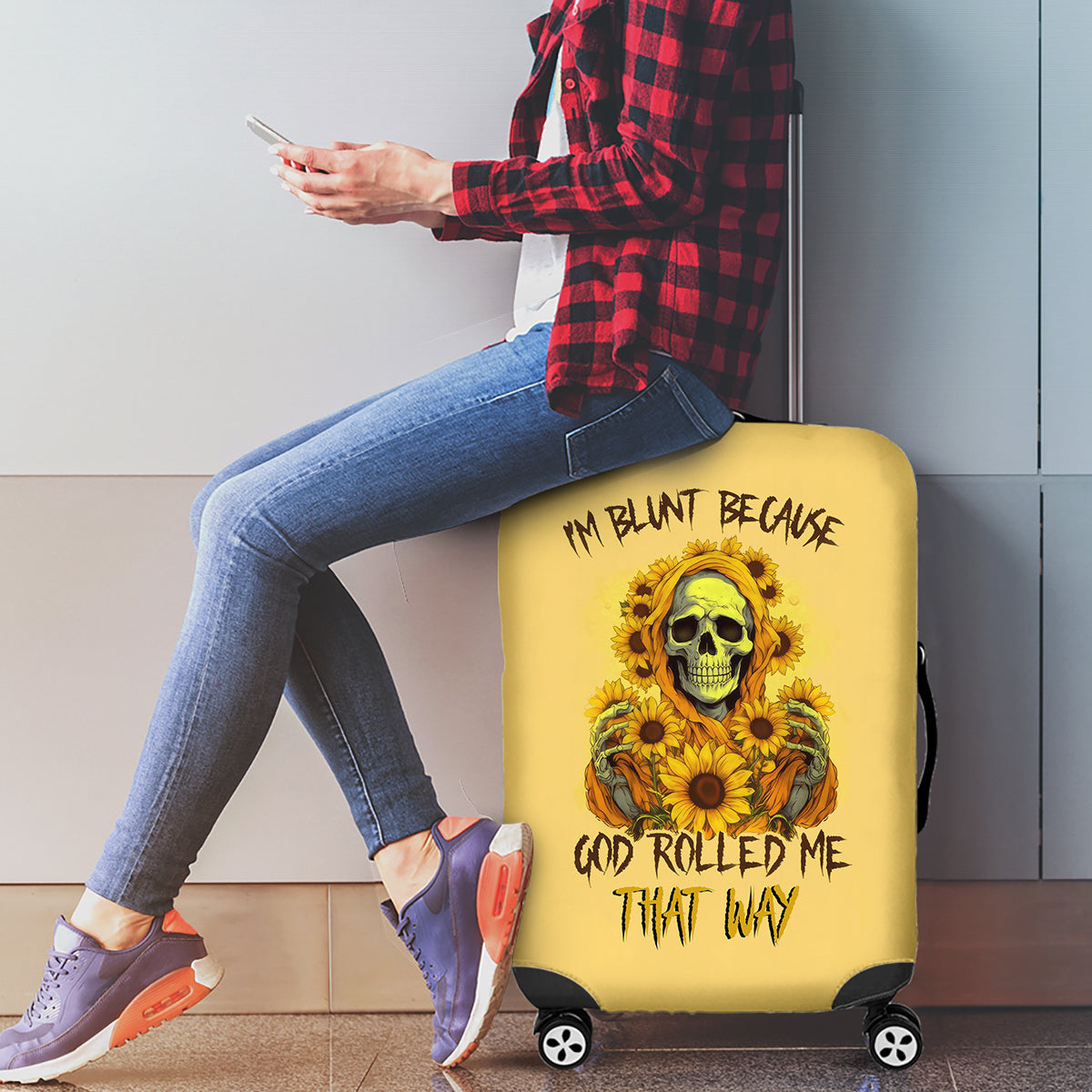 Sunflower Skull Luggage Cover I'm Blunt Because God Rolled Me That Way - Wonder Print Shop