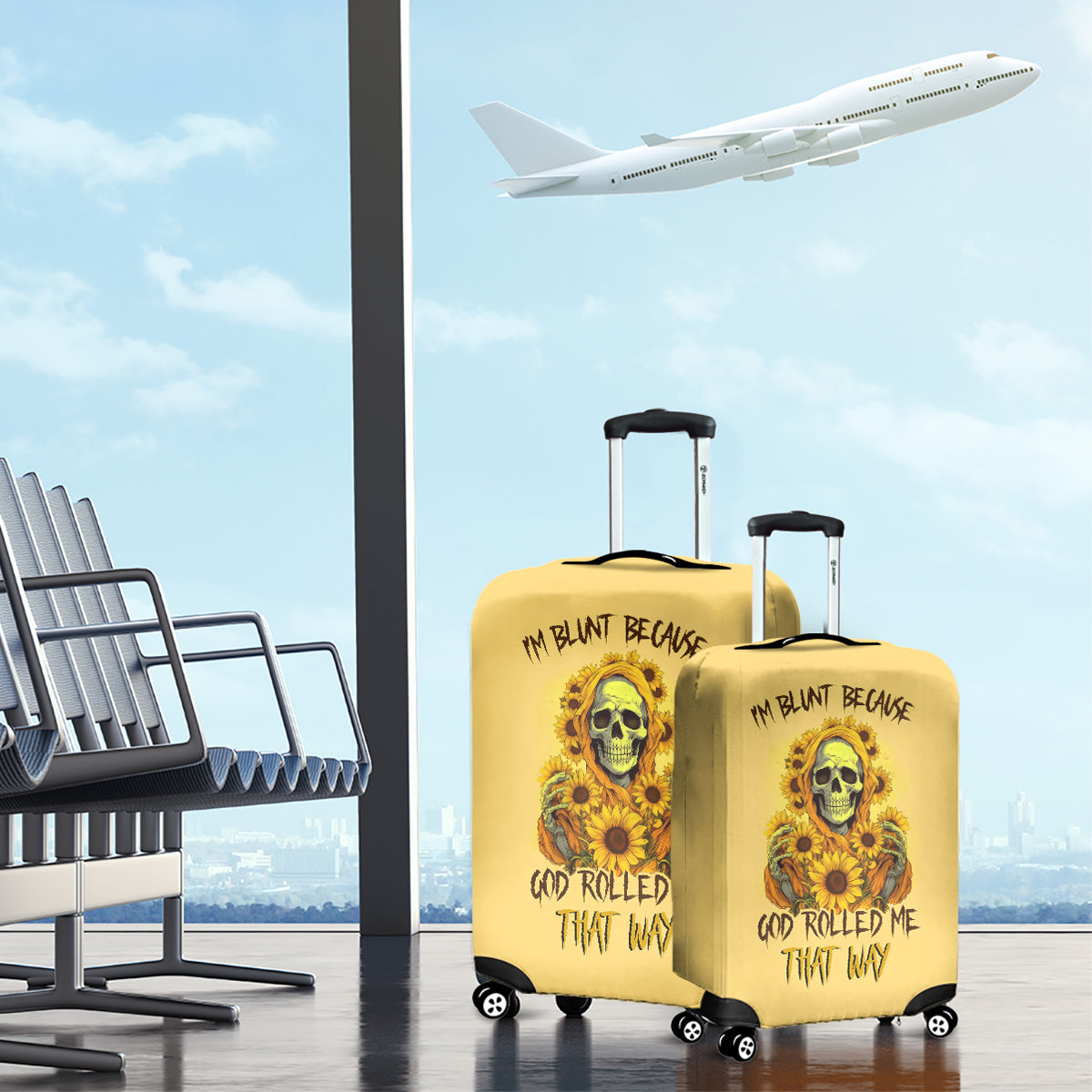 Sunflower Skull Luggage Cover I'm Blunt Because God Rolled Me That Way - Wonder Print Shop