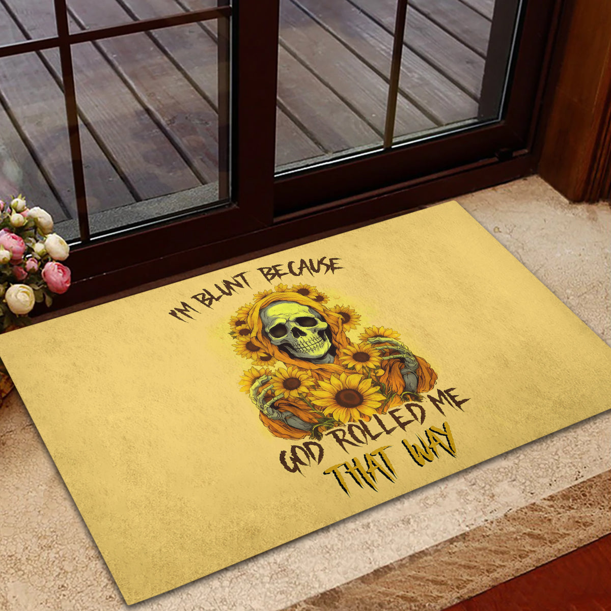 Sunflower Skull Rubber Doormat I'm Blunt Because God Rolled Me That Way - Wonder Print Shop