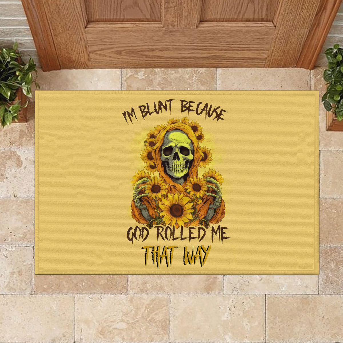 Sunflower Skull Rubber Doormat I'm Blunt Because God Rolled Me That Way - Wonder Print Shop