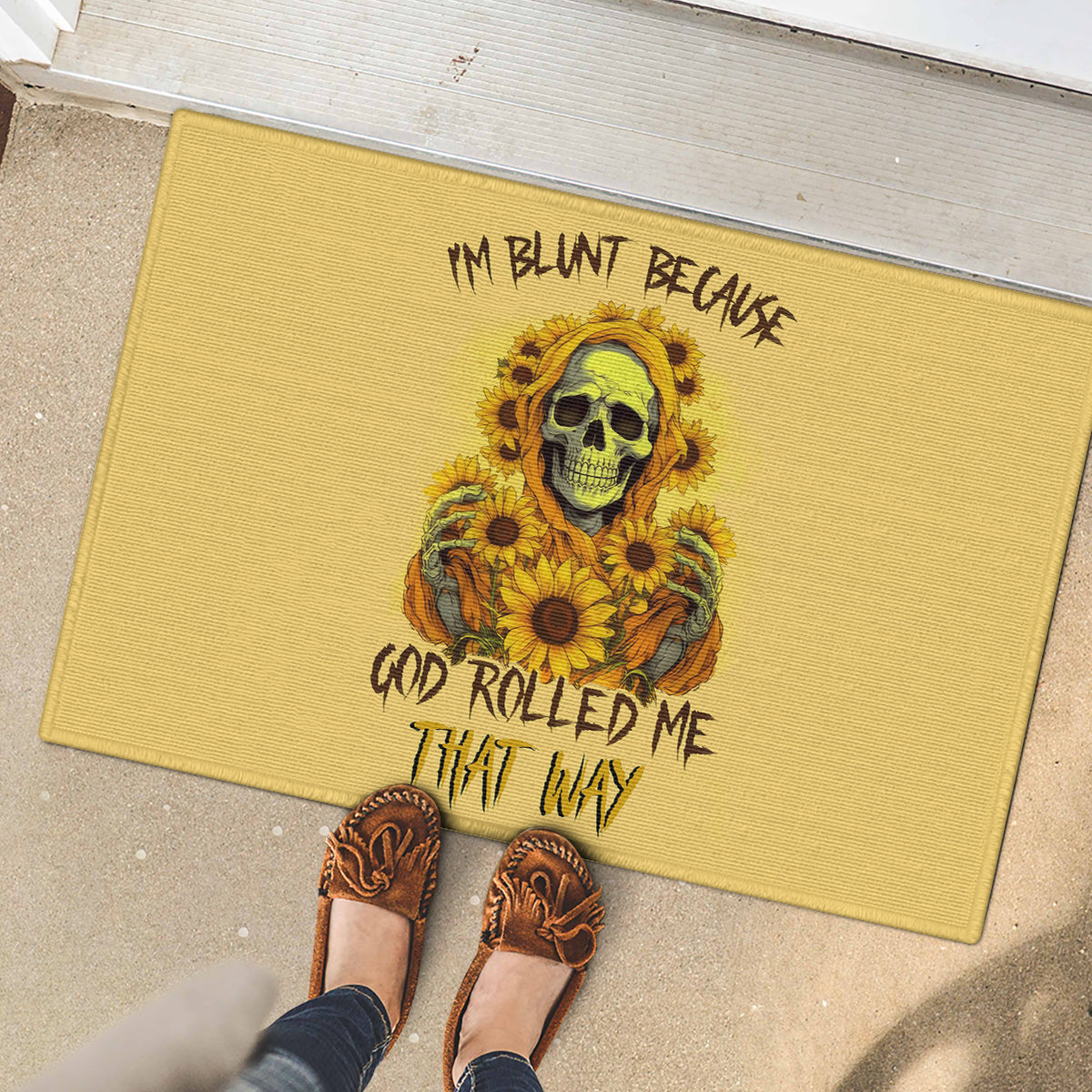 Sunflower Skull Rubber Doormat I'm Blunt Because God Rolled Me That Way - Wonder Print Shop