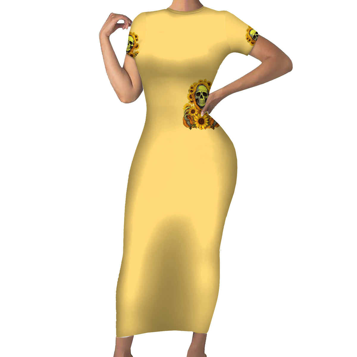 Sunflower Skull Short Sleeve Bodycon Dress I'm Blunt Because God Rolled Me That Way - Wonder Print Shop