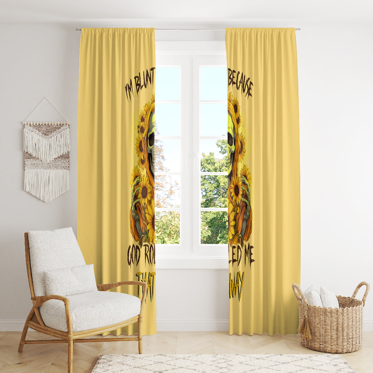 Sunflower Skull Window Curtain I'm Blunt Because God Rolled Me That Way - Wonder Print Shop