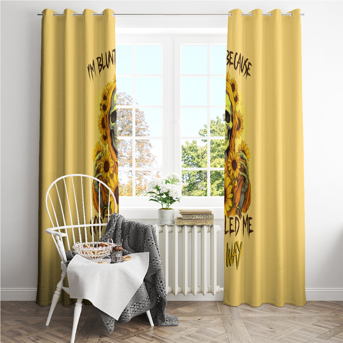 Sunflower Skull Window Curtain I'm Blunt Because God Rolled Me That Way - Wonder Print Shop