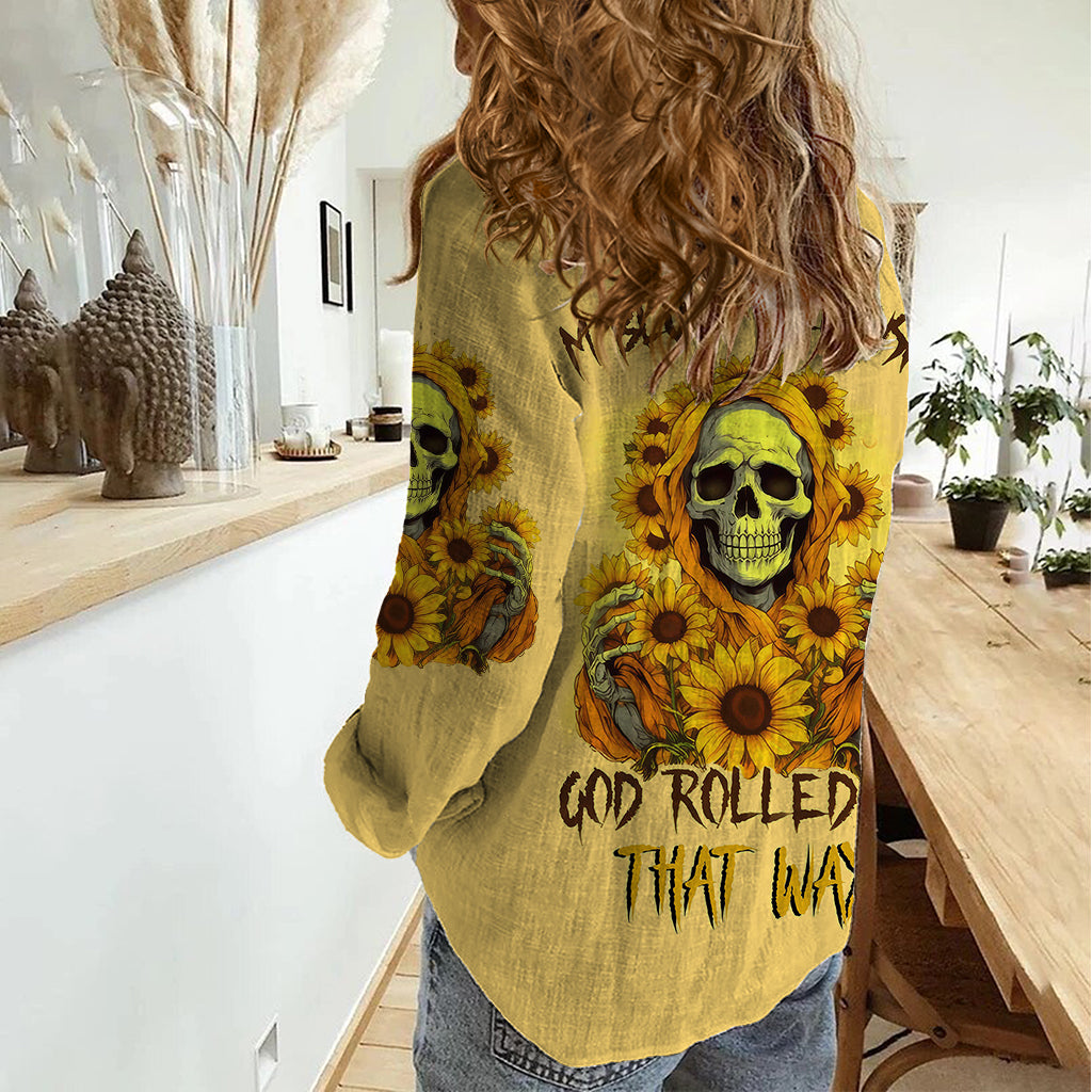 Sunflower Skull Women Casual Shirt I'm Blunt Because God Rolled Me That Way - Wonder Print Shop