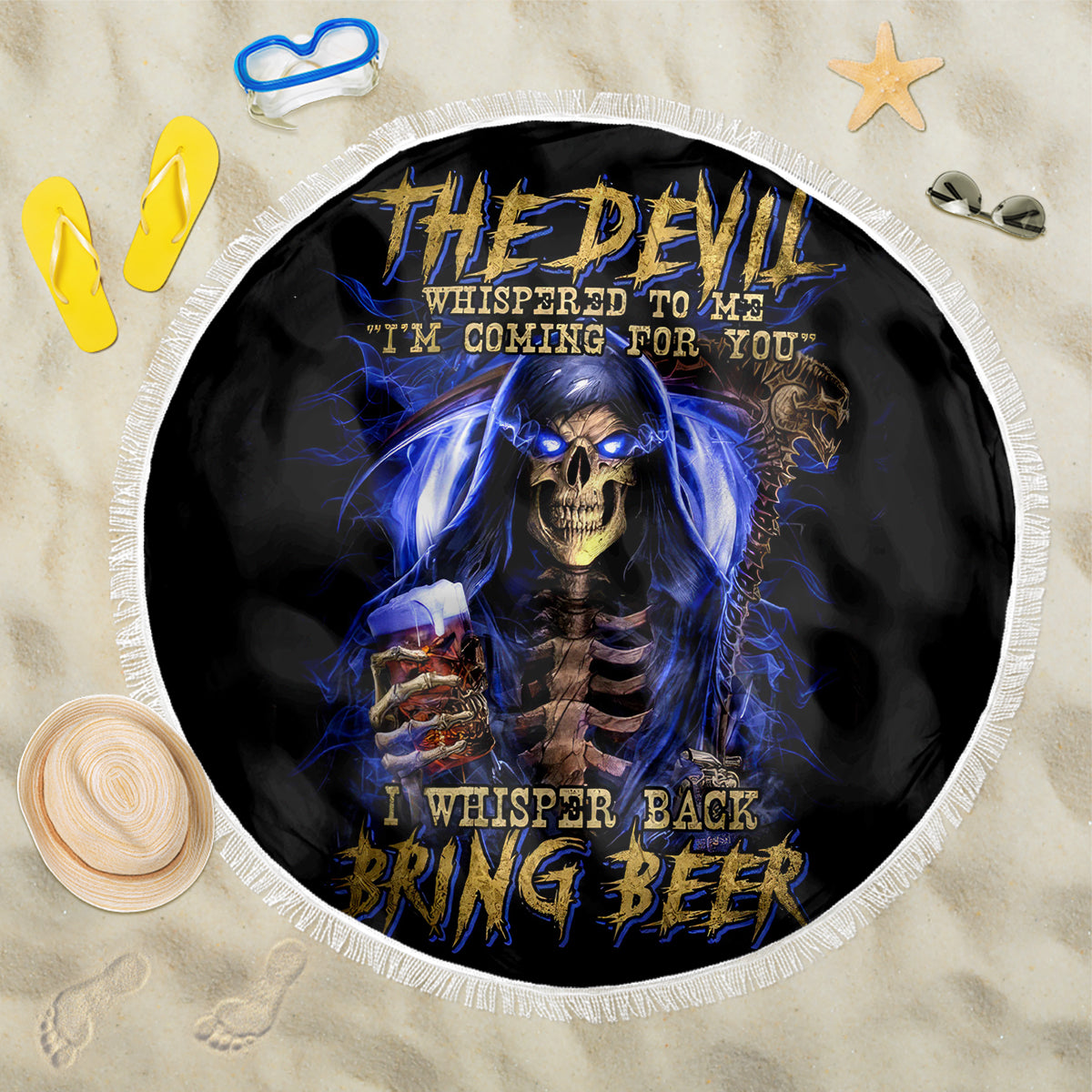 Skull Reaper Beach Blanket The Devil Whispered To Me I Whisper Back Bring Beer - Wonder Print Shop