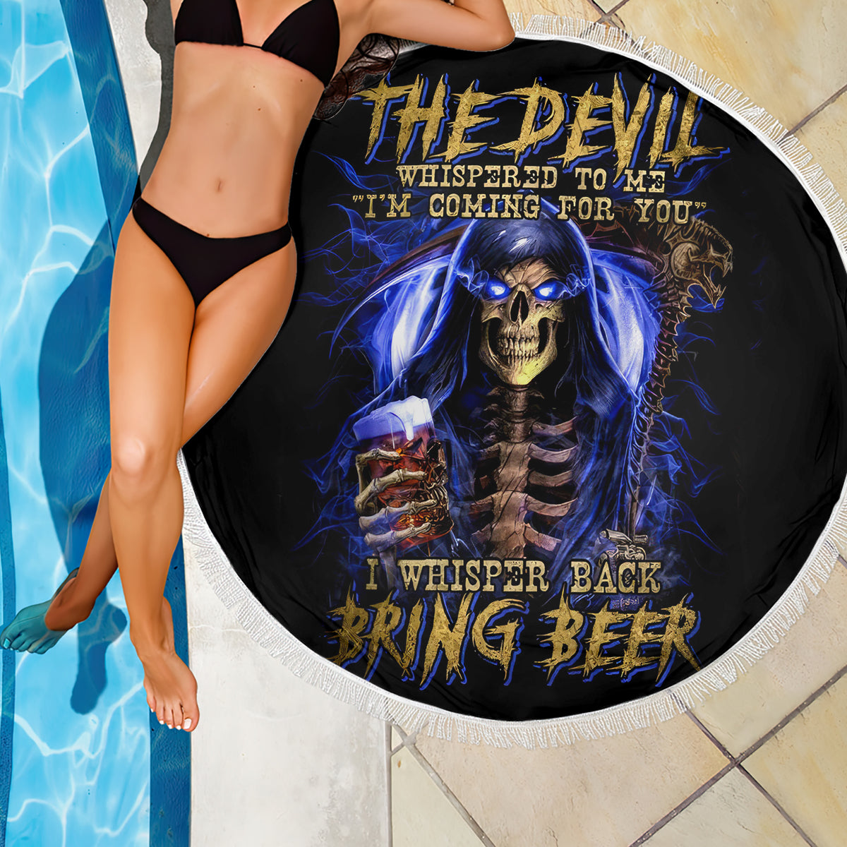 Skull Reaper Beach Blanket The Devil Whispered To Me I Whisper Back Bring Beer - Wonder Print Shop