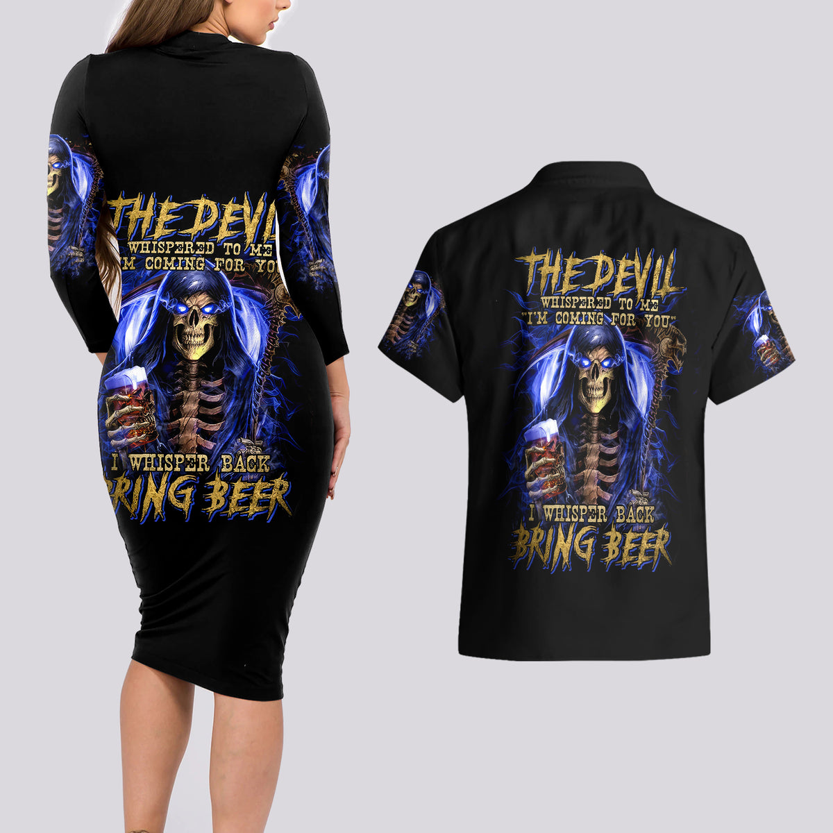 Skull Reaper Couples Matching Long Sleeve Bodycon Dress and Hawaiian Shirt The Devil Whispered To Me I Whisper Back Bring Beer - Wonder Print Shop
