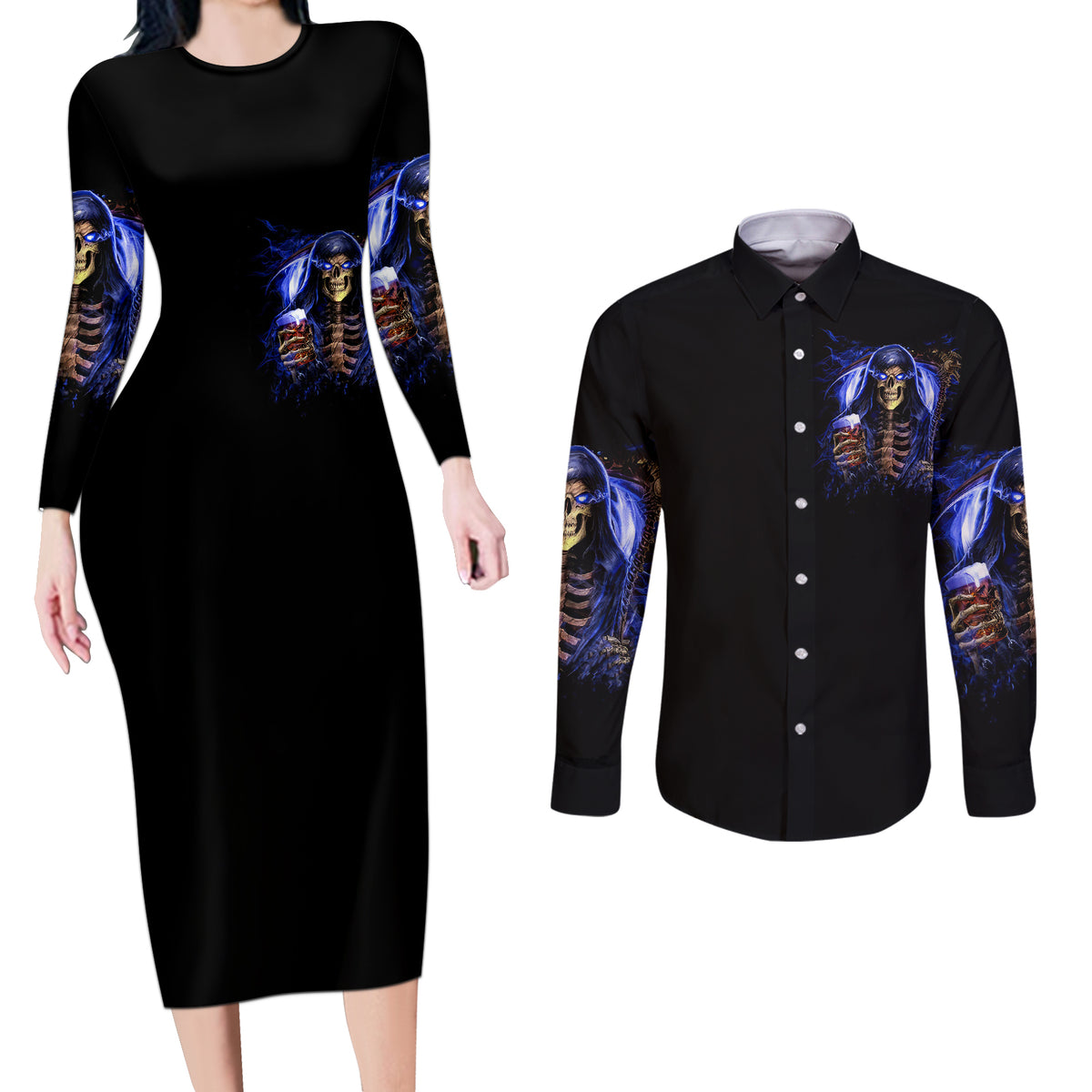 Skull Reaper Couples Matching Long Sleeve Bodycon Dress and Long Sleeve Button Shirts The Devil Whispered To Me I Whisper Back Bring Beer - Wonder Print Shop