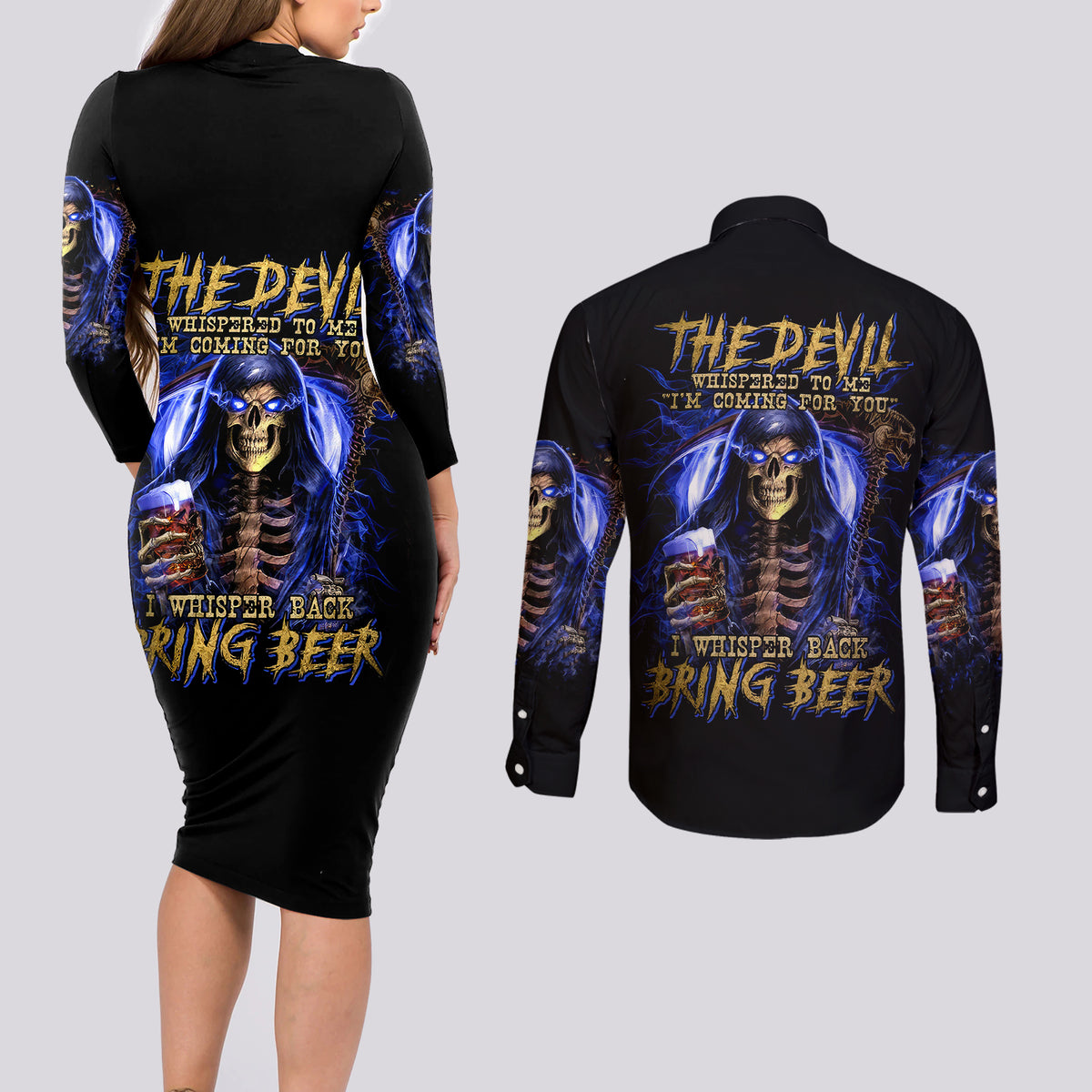 Skull Reaper Couples Matching Long Sleeve Bodycon Dress and Long Sleeve Button Shirts The Devil Whispered To Me I Whisper Back Bring Beer - Wonder Print Shop