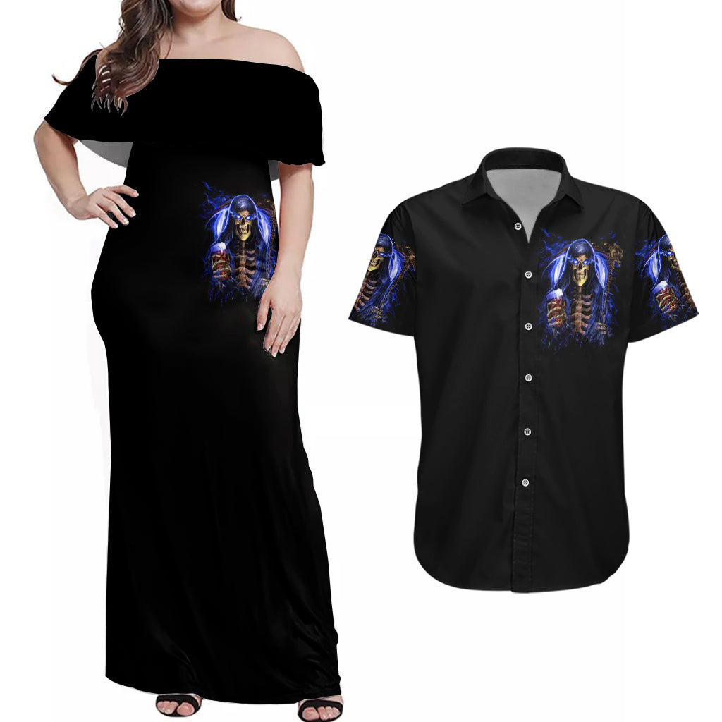 Skull Reaper Couples Matching Off Shoulder Maxi Dress and Hawaiian Shirt The Devil Whispered To Me I Whisper Back Bring Beer - Wonder Print Shop