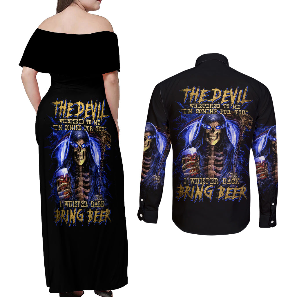 Skull Reaper Couples Matching Off Shoulder Maxi Dress and Long Sleeve Button Shirts The Devil Whispered To Me I Whisper Back Bring Beer - Wonder Print Shop