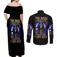 Skull Reaper Couples Matching Off Shoulder Maxi Dress and Long Sleeve Button Shirts The Devil Whispered To Me I Whisper Back Bring Beer - Wonder Print Shop