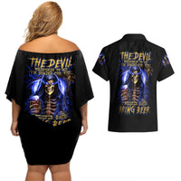 Skull Reaper Couples Matching Off Shoulder Short Dress and Hawaiian Shirt The Devil Whispered To Me I Whisper Back Bring Beer - Wonder Print Shop