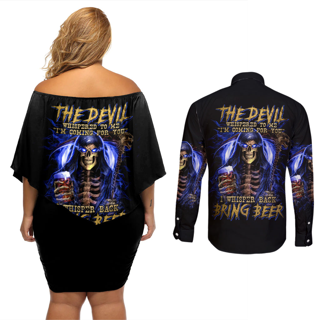 Skull Reaper Couples Matching Off Shoulder Short Dress and Long Sleeve Button Shirts The Devil Whispered To Me I Whisper Back Bring Beer - Wonder Print Shop