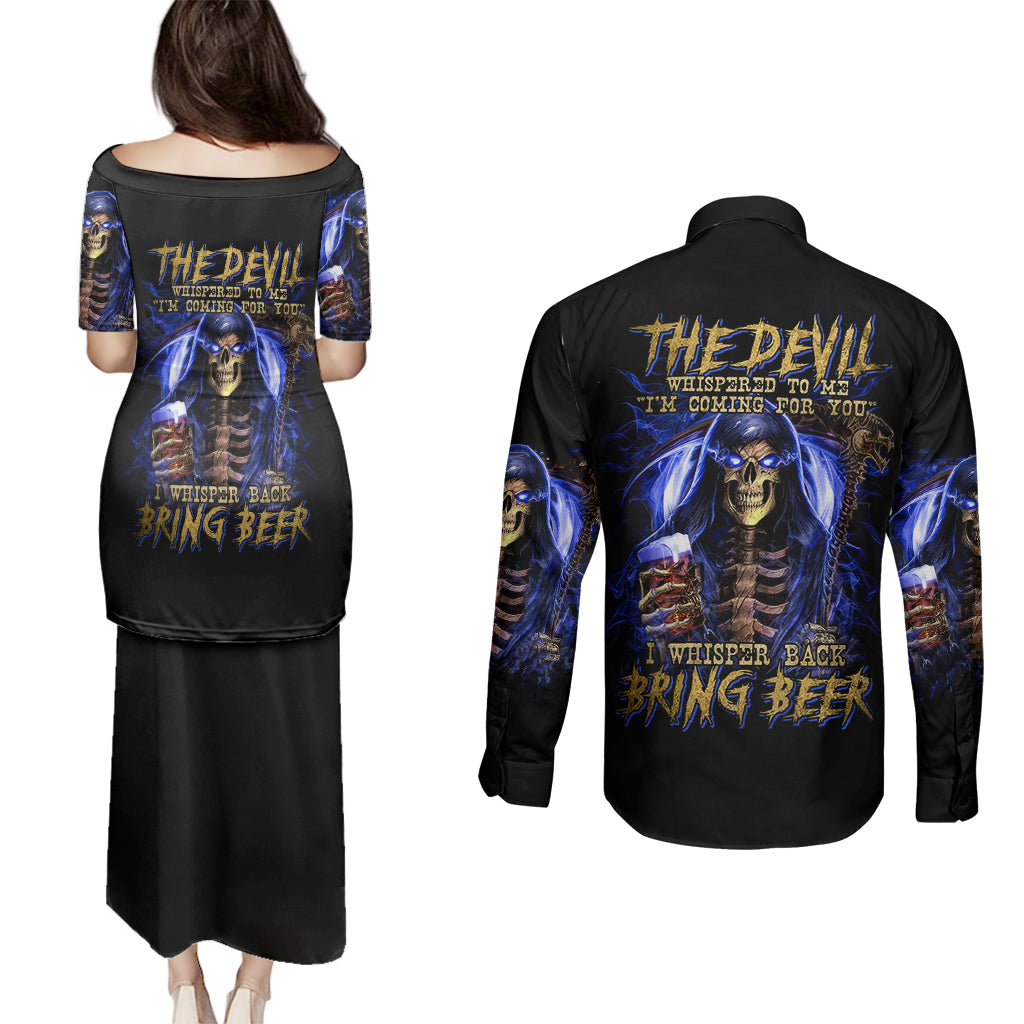 Skull Reaper Couples Matching Puletasi Dress and Long Sleeve Button Shirts The Devil Whispered To Me I Whisper Back Bring Beer - Wonder Print Shop
