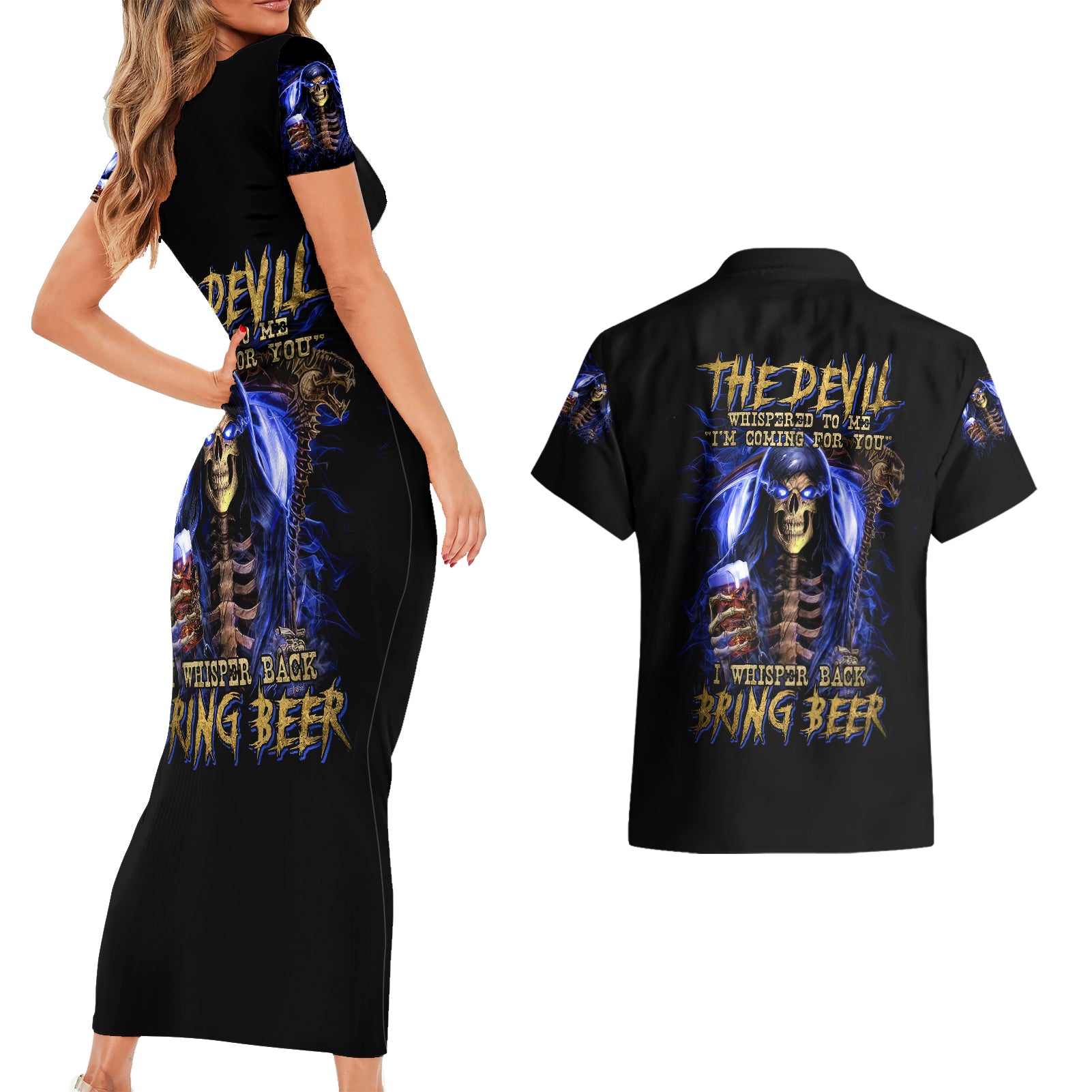 Skull Reaper Couples Matching Short Sleeve Bodycon Dress and Hawaiian Shirt The Devil Whispered To Me I Whisper Back Bring Beer - Wonder Print Shop