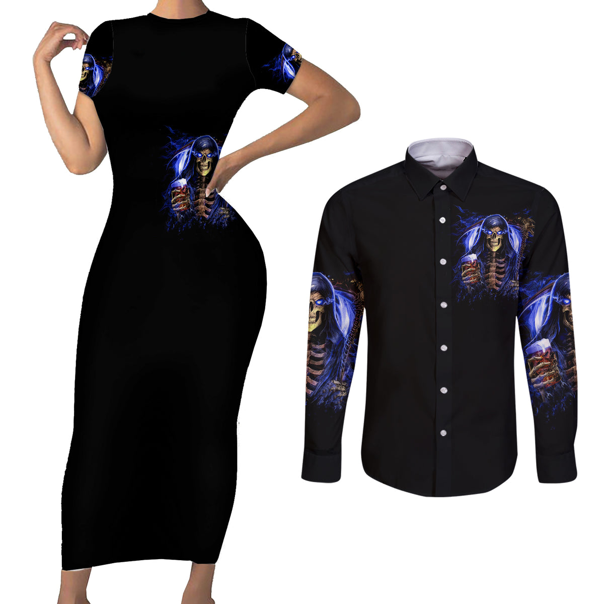Skull Reaper Couples Matching Short Sleeve Bodycon Dress and Long Sleeve Button Shirts The Devil Whispered To Me I Whisper Back Bring Beer - Wonder Print Shop