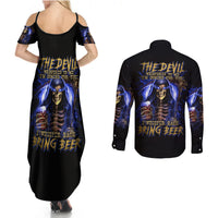 Skull Reaper Couples Matching Summer Maxi Dress and Long Sleeve Button Shirts The Devil Whispered To Me I Whisper Back Bring Beer - Wonder Print Shop
