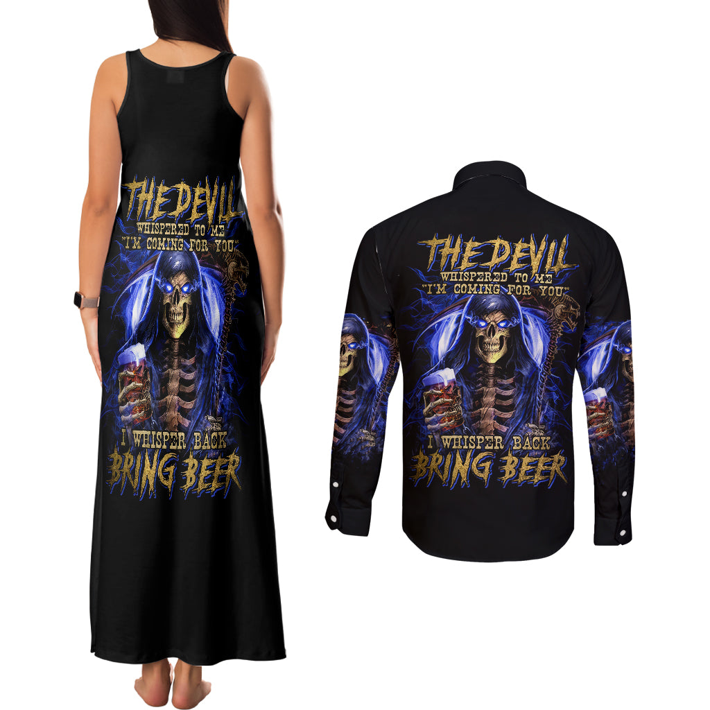 Skull Reaper Couples Matching Tank Maxi Dress and Long Sleeve Button Shirts The Devil Whispered To Me I Whisper Back Bring Beer - Wonder Print Shop