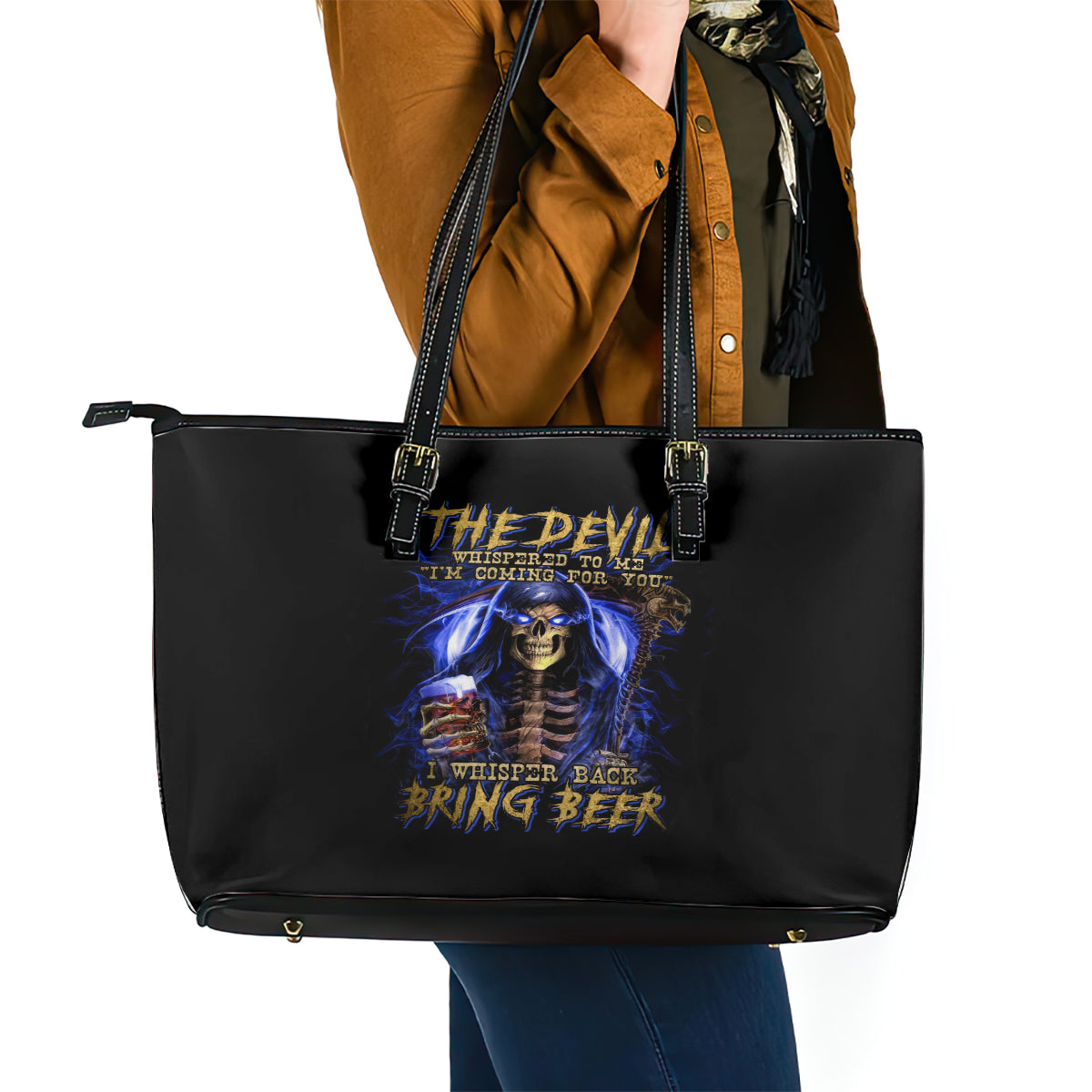 Skull Reaper Leather Tote Bag The Devil Whispered To Me I Whisper Back Bring Beer - Wonder Print Shop