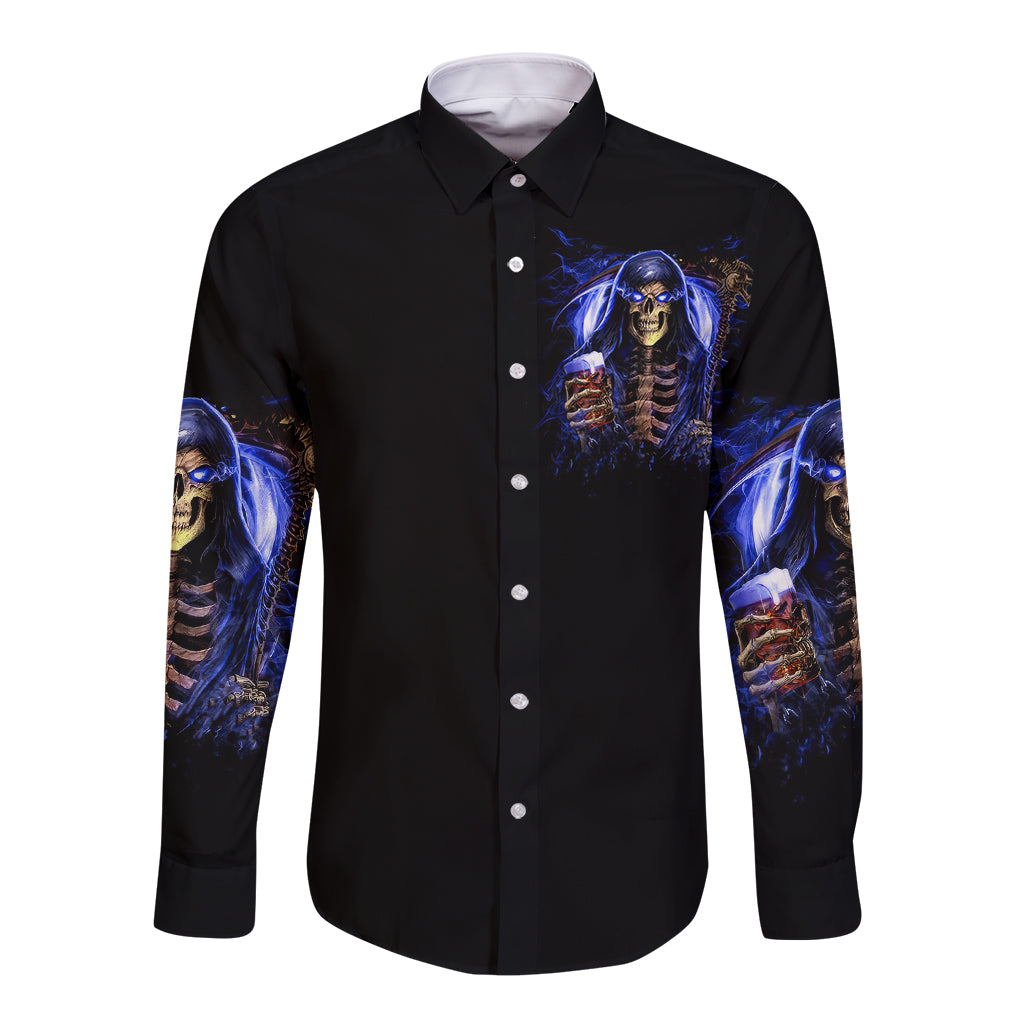 Skull Reaper Long Sleeve Button Shirt The Devil Whispered To Me I Whisper Back Bring Beer - Wonder Print Shop