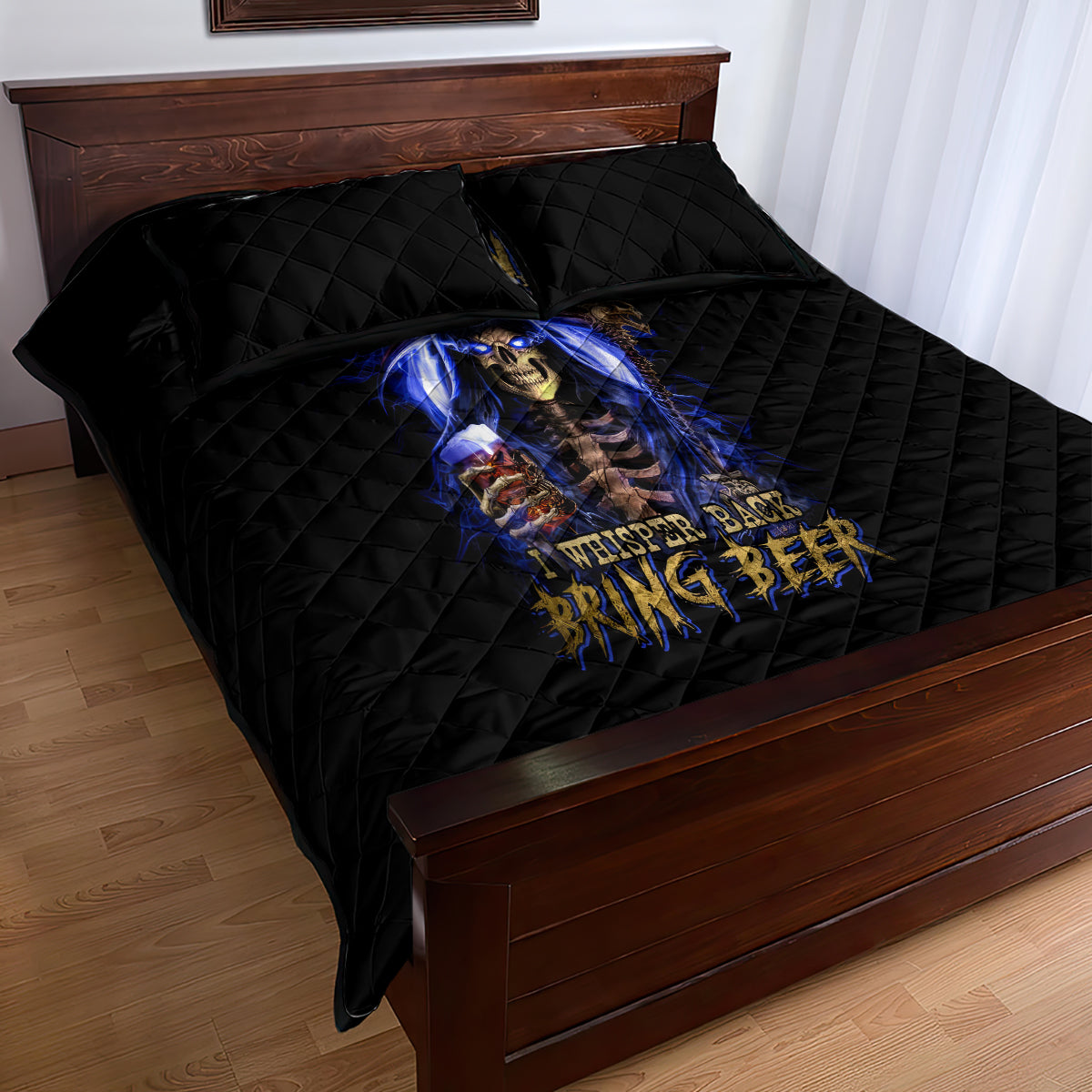 Skull Reaper Quilt Bed Set The Devil Whispered To Me I Whisper Back Bring Beer - Wonder Print Shop