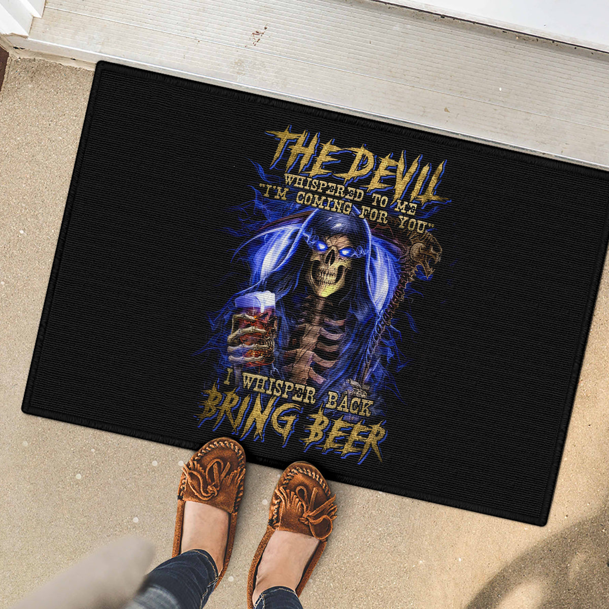 Skull Reaper Rubber Doormat The Devil Whispered To Me I Whisper Back Bring Beer - Wonder Print Shop
