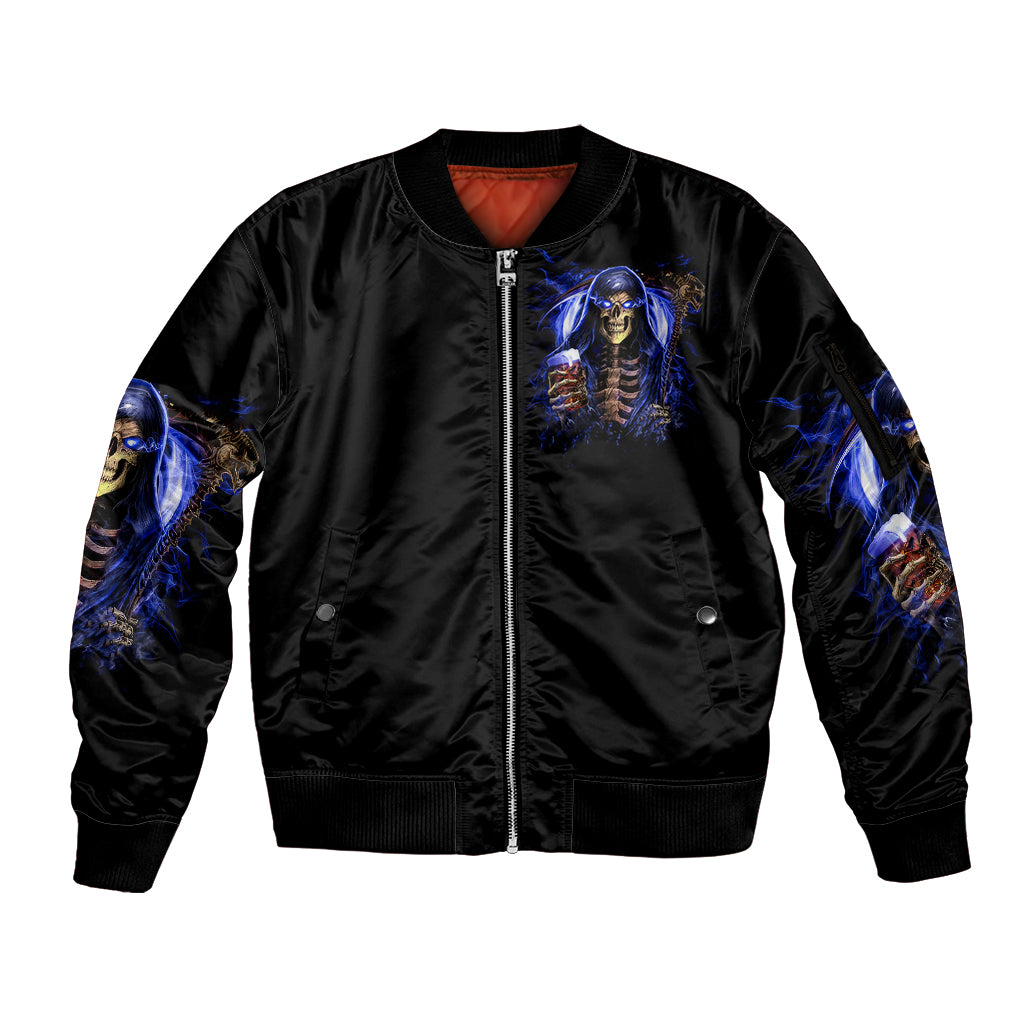 Skull Reaper Sleeve Zip Bomber Jacket The Devil Whispered To Me I Whisper Back Bring Beer - Wonder Print Shop