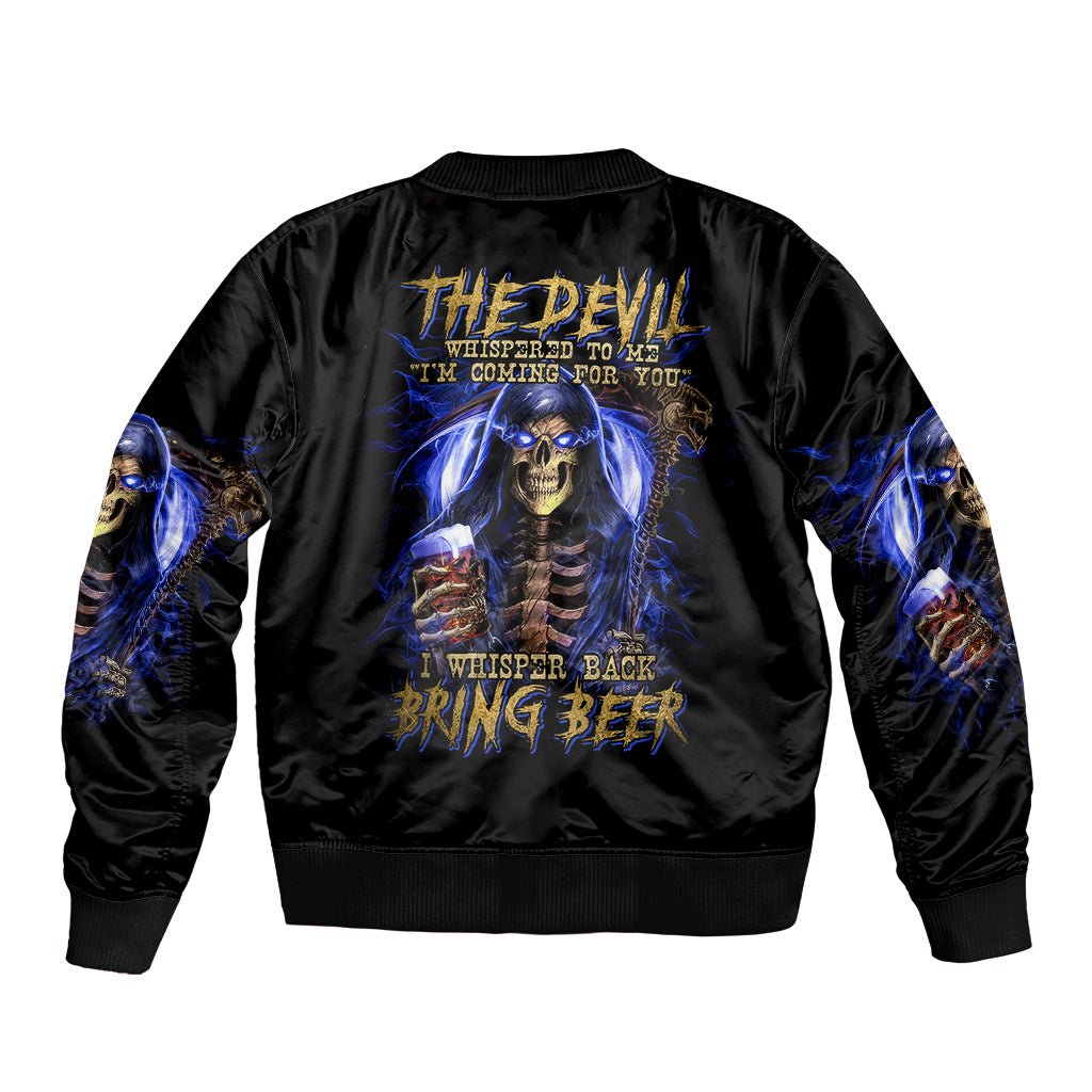 Skull Reaper Sleeve Zip Bomber Jacket The Devil Whispered To Me I Whisper Back Bring Beer - Wonder Print Shop