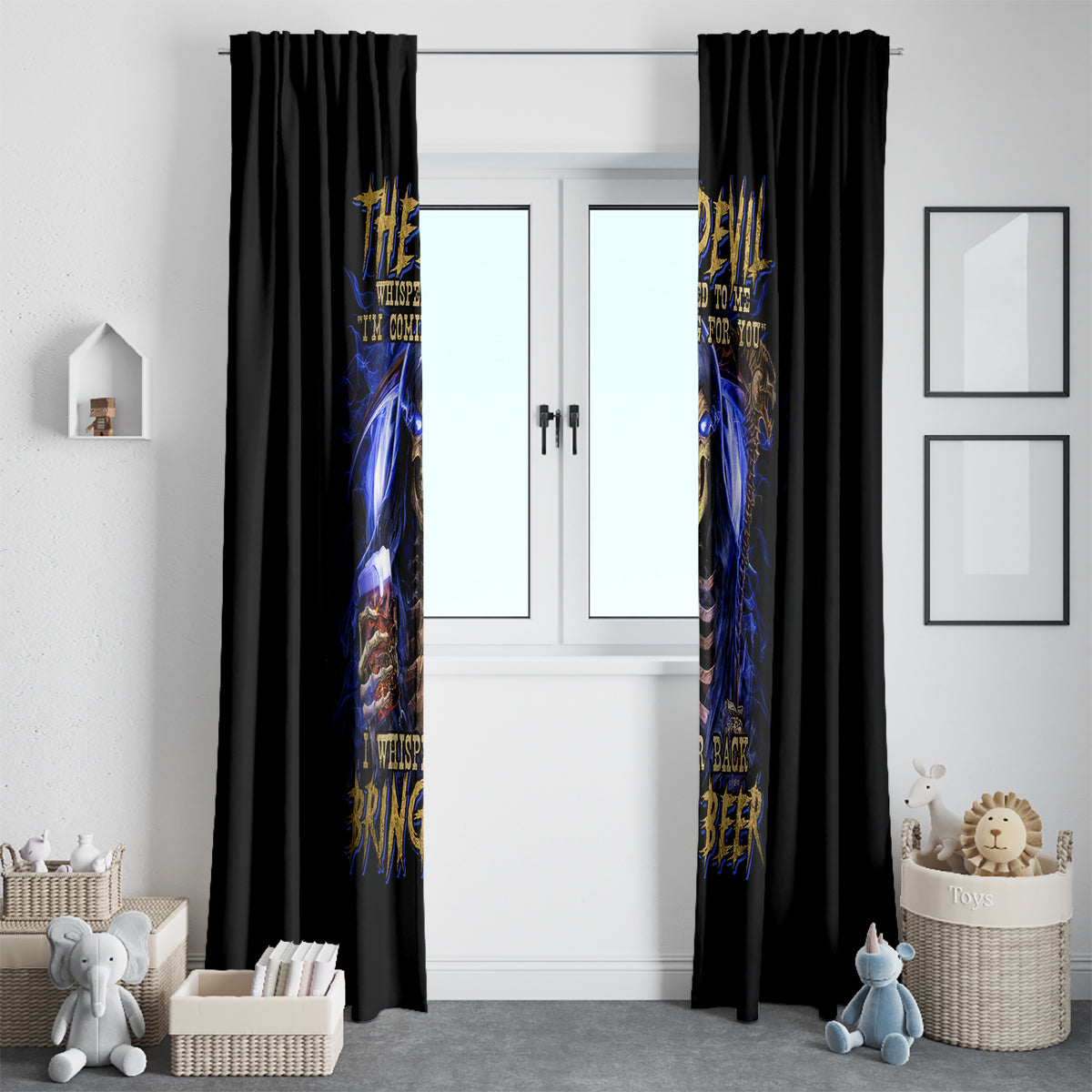 Skull Reaper Window Curtain The Devil Whispered To Me I Whisper Back Bring Beer - Wonder Print Shop