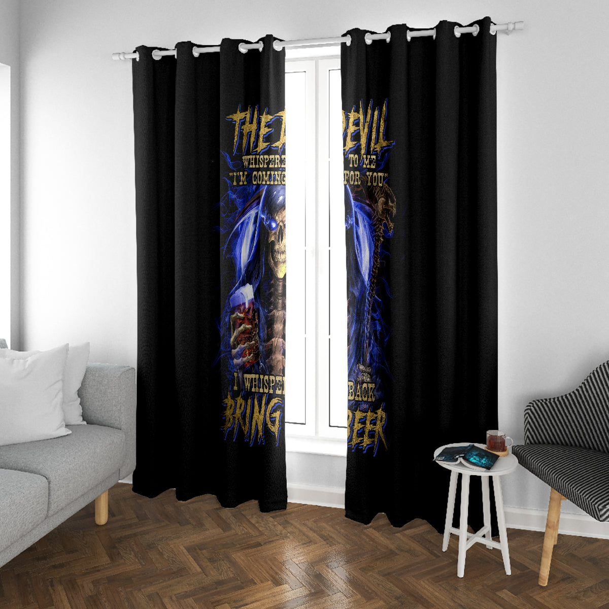 Skull Reaper Window Curtain The Devil Whispered To Me I Whisper Back Bring Beer - Wonder Print Shop