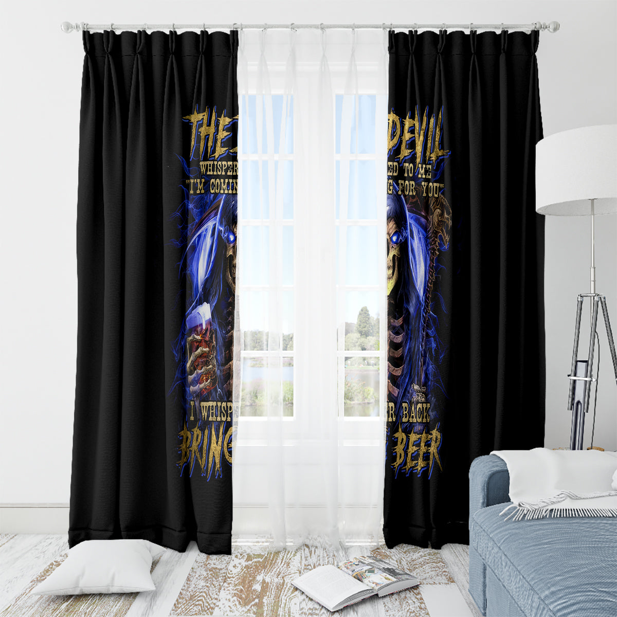 Skull Reaper Window Curtain The Devil Whispered To Me I Whisper Back Bring Beer - Wonder Print Shop
