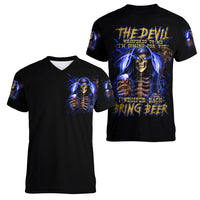 Skull Reaper Women V Neck T Shirt The Devil Whispered To Me I Whisper Back Bring Beer - Wonder Print Shop