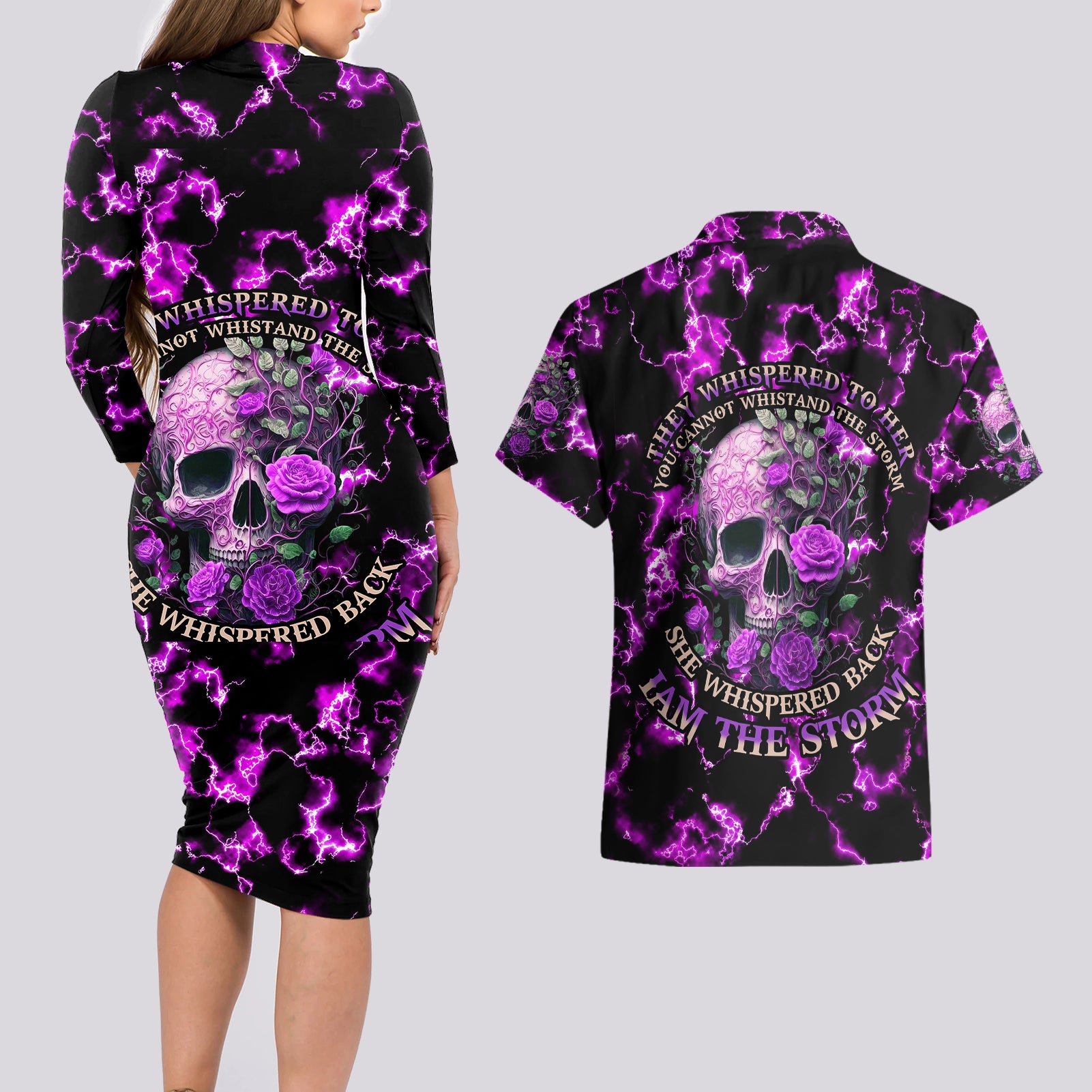 Rose Skull Couples Matching Long Sleeve Bodycon Dress and Hawaiian Shirt She Whispered Back I am The Storm - Wonder Print Shop
