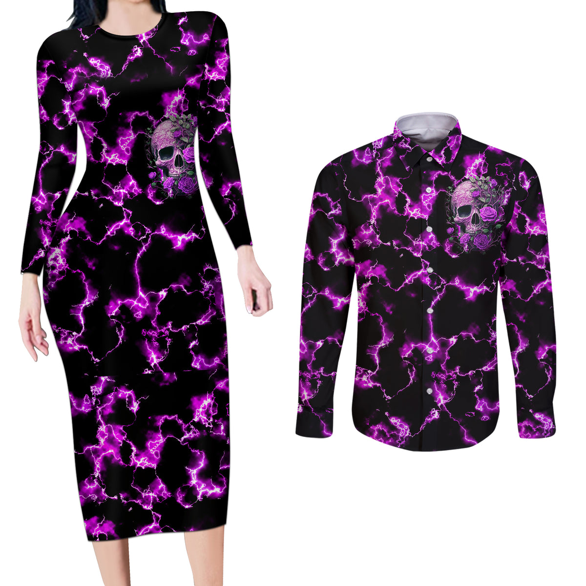 Rose Skull Couples Matching Long Sleeve Bodycon Dress and Long Sleeve Button Shirts She Whispered Back I am The Storm - Wonder Print Shop