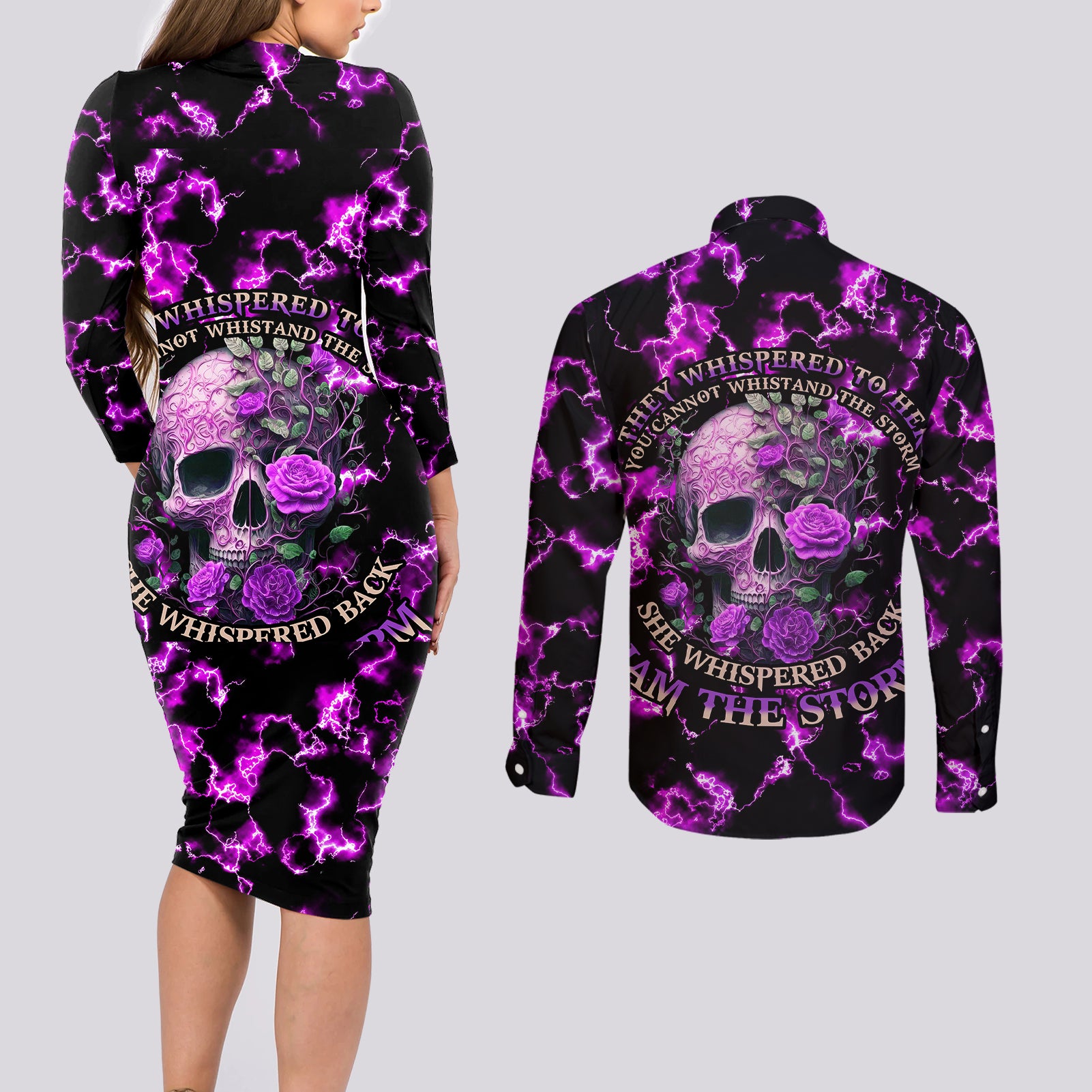 Rose Skull Couples Matching Long Sleeve Bodycon Dress and Long Sleeve Button Shirts She Whispered Back I am The Storm - Wonder Print Shop