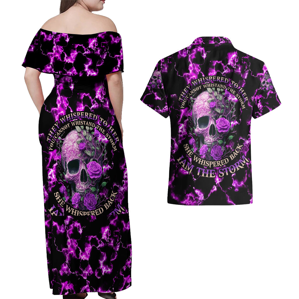 Rose Skull Couples Matching Off Shoulder Maxi Dress and Hawaiian Shirt She Whispered Back I am The Storm - Wonder Print Shop
